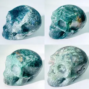 하이 퀄리티 크리스탈 녹색 이끼 마노 두개골 조각 자연 조각 석영 두개골 판매