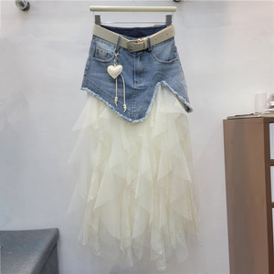 Fashion Denim Patchwork Temperament Mesh Half <b>Skirt</b> for <b>Women</b>, 2026 Summer New Light Luxury A-Line Half <b>Skirt</b> - Product Image 4