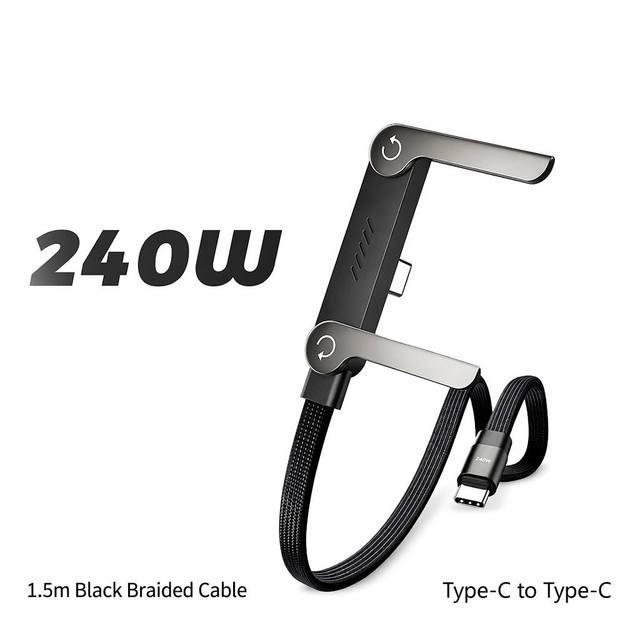 240W USB C to C Cable 90° Elbow with Foldable Phone Stand 5A PD 3.1 Fast Charge Flat Nylon Braided for iPhone 16 Samsung MacBook