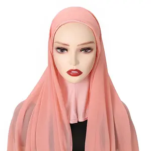Wholesale Plain Colors Malay Tudung Muslim Arab Islam Plain Chiffon Ethnic Scarves Women Instant Hijab with Cap