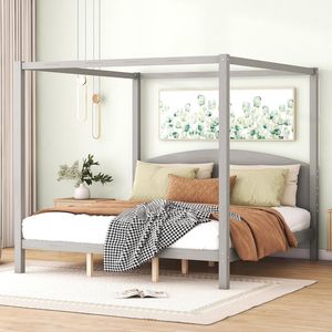 Ontwerpen Kingsize Hemelbed Hout 4 Posters Platform Bedframe Met Hoofdeinde, Kingsize Bedframe Voor Kinderen Tieners Volwassenen - Product Image 1