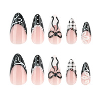 Faux Ongles Personnalisables en Gros - Ongles Stiletto Noirs et Blancs avec Dentelle et Nœud, à Pois et à Carreaux, Style Coquette Douce
