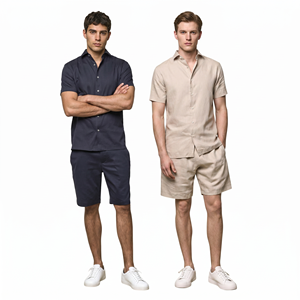 Ensemble deux pièces d'été en coton mercerisé de haute qualité pour hommes, avec logo personnalisé, idéal pour les tenues de golf et de villégiature de luxe. - Product Image 1