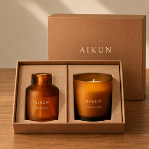 Coffret cadeau diffuseur de parfum en verre ambré Aikun et bougie parfumée avec six bâtonnets naturels pour cadeaux d'entreprise - Product Image 4