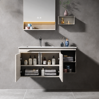 Meuble de salle de bain moderne sans poignée, étanche, en acier inoxydable, avec lavabo en céramique intégré et miroir LED anti-buée, durable