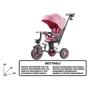 Tricycle pour enfants Tictoc rose, roue avant de 30 cm, siège réglable, siège rotatif à 360°, barre de poussée, guidon pliable - Product Image 3