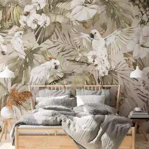 Diseño de papel tapiz de naturaleza 3D de cacatúas blancas y plantas tropicales - Product Image 1