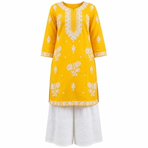 <b>Women</b> Yellow Embroidered <b>Kurta</b> Palazzo Set Cotton Ethnic Wear Traditional Designer Kurti Set for Casual Festive Wear - Product Image 5