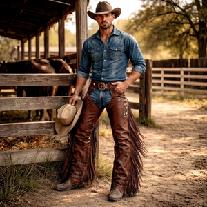 Pantalones vaqueros de cuero genuino para hombre, de talle alto, corte regular, con flecos y cierre de hebilla para montar a caballo - Product Image 1