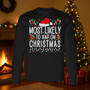 Maglietta a maniche lunghe con stampa 'Most Likely To Nap On Christmas', camicia coordinata per la famiglia, regali di Natale - Product Image 2