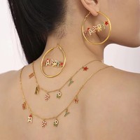 Parure de bijoux de Noël en acier inoxydable émaillé avec zircon et lettres HAPPY, collier, bracelet et boucles d'oreilles créoles pour femme, cadeau de fêtes