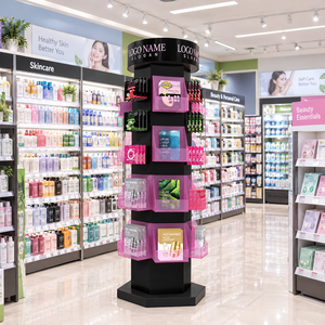 Présentoir cosmétique sur pied à 6 faces en métal et acrylique pour la vente au détail de soins de la peau, masques et produits de beauté en magasin - Product Image 3