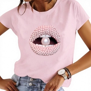 Camisetas <span class=keywords><strong>de</strong></span> <span class=keywords><strong>Mujer</strong></span> al por Mayor, Estilo Veraniego, Tejidas, Anti-Pilling, Ecológicas, Cómodas, Serie Rosa Perla, con Gráfico <span class=keywords><strong>de</strong></span> <span class=keywords><strong>Boca</strong></span> - Product Image 4