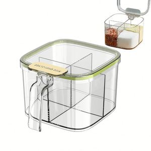 4 Compartments Sealed Home Kitchen Storage Condiment Box PET Container Seasoning <b>Jars</b> with Lids and Spoon for Salt Sugar Tea - Product Image 1