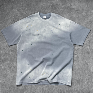 YOUMI ODM/OEM T-shirt da uomo streetwear personalizzata con logo, effetto sbiadito, tinta unita, con <span class=keywords><strong>schizzi</strong></span> <span class=keywords><strong>di</strong></span> vernice, lavaggio distressed, vestibilità oversize e spalle scese - Product Image 4