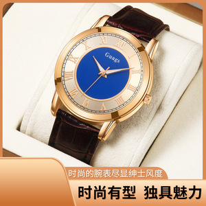 Reloj de cuarzo para hombre de acero inoxidable, esfera redonda, correa de cuero genuino, esfera con números romanos. - Product Image 5