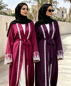 Abaya Abierta de Tela Nida Premium para Mujeres Musulmanas, con Ribete de Encaje Blanco y Diseño de Bolsillos, para Primavera/Verano (1405) - Product Image 2