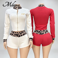 Ensemble sportif décontracté pour femmes Milena avec logo personnalisé, imprimé léopard, veste à fermeture éclair à manches longues, short taille haute, ensemble deux pièces