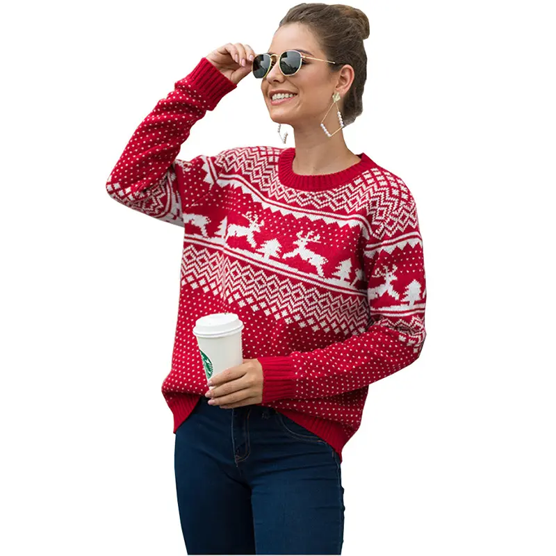 100% acrylic knitted jacquard deer ladies sassy red family christmas sweater