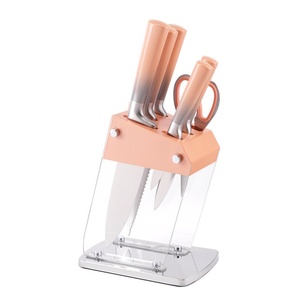 Nouvel ensemble de couteaux de cuisine en acier inoxydable 6 pièces, manche creux, ciseaux de chef Santoku, support en acrylique inclus - Product Image 6
