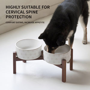 OKKPETS mangkuk keramik binatang piaraan, mangkuk air makanan anjing kucing dengan dudukan kayu antiselip keramik untuk anjing - Product Image 2
