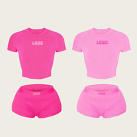 Ensemble de yoga et de détente 2 pièces pour femme, été, uni, brodé, coupe ajustée, au-dessus du genou, en coton et élasthanne, avec t-shirt à manches courtes et short