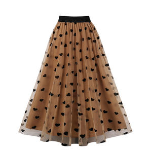 Automne décontracté femmes coeur imprimé maille <span class=keywords><strong>Tulle</strong></span> <span class=keywords><strong>jupe</strong></span> taille haute élastique <span class=keywords><strong>bleu</strong></span> marron Vintage 50s 60s balançoire une ligne jupes - Product Image 4