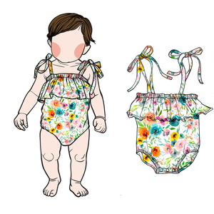 Ga-16 Stock Baby Hawaii Pelele de encaje de doble capa para niñas, estampado, de algodón/fibra de bambú, talla grande, tejido, con tirantes ajustables tipo halter - Product Image 1