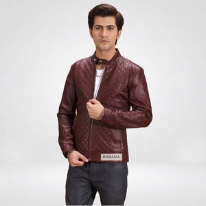 Veste en cuir PU matelassée bordeaux pour homme, style motard, col montant, fermeture éclair, coupe ajustée, vêtements d'automne, vestes en cuir pour homme - Product Image 5