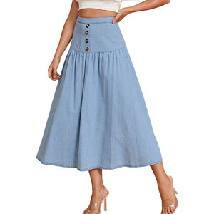 थोक कस्टम बटन फ्रंट फ़्लारेड डेनिम स्कर्ट लंबी जेलियन लड़कियों डेनिम स्कर्ट - Product Image 1