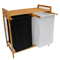 Panier à linge et étagère en bambou, panier à linge à double compartiment avec sac amovible, organisateur et rangement à linge à 2 sections