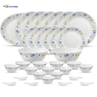 Service de table en verre opale 33 pièces, motif floral bleu et jaune, bord festonné, assiettes, bols, cuillères, pour la maison