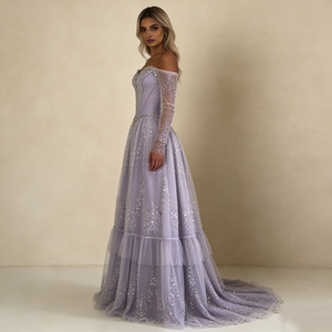 Robes pour femmes, violet clair, épaules <span class=keywords><strong>d</strong></span>énudées, col cœur, strass, manches longues en tulle, taille cintrée, traîne élégante - Product Image 2
