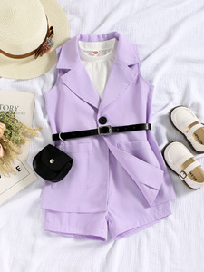 ชุดเสื้อผ้าสำหรับเด็กผู้หญิง4ชิ้น, เซ็ตชุดลำลองแขนกุดและสูทสีล้วนสำหรับเด็กวัยหัดเดินแฟชั่นฤดูร้อน - Product Image 3