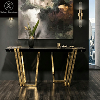 Table console de luxe en acier inoxydable doré et bois, petite table console noire en plexiglas pour couloir