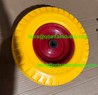 Roue Diable Brouette Roudiable/brouette à pneu plein jaune (polyuréthane), jante en acier rouge, roulement à billes. Taille 2.50-4