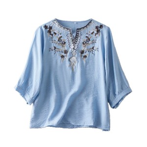 Summer Embroidered Cotton Linen Blouse Women V-Neck Loose Mid Sleeve Casual Vintage Top Blue - Product Image 5