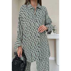 Conjunto de Pantalones Cortos de 2 Piezas Verde Formal e Informal al por Mayor, Camisa y Pantalones con Estampado Digital, Tallas XS a XL, Largo Superior Corto - Product Image 1