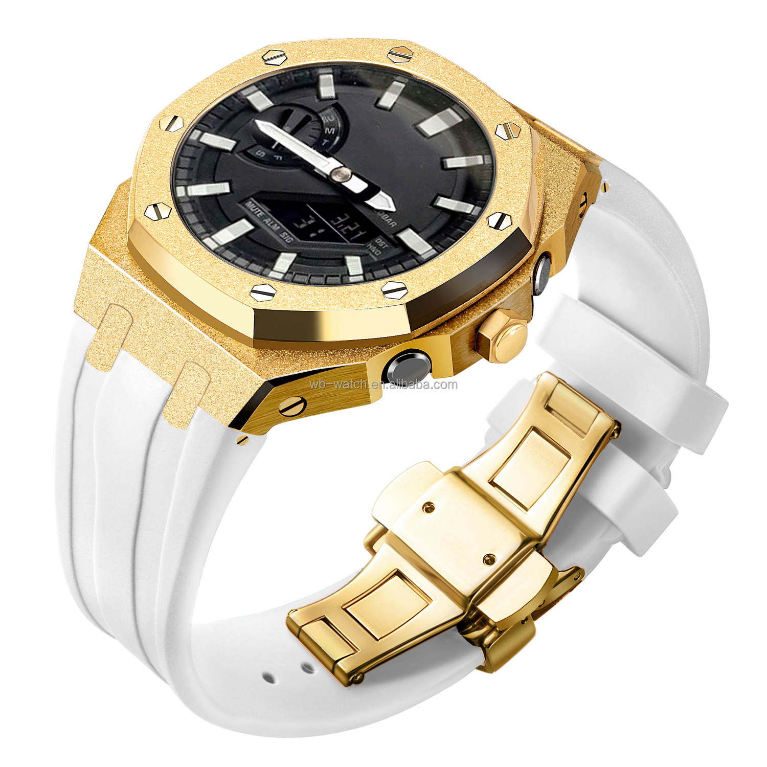 Boîtier doré givré + bracelet en silicone blanc
