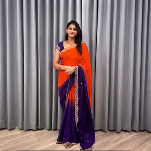 AARA Fashion <b>Orange</b> Purple Silk <b>Saree</b> Embroidered Border Traditional Indian Wedding Wear for Women Sun Protection All Seasons - Product Image 1