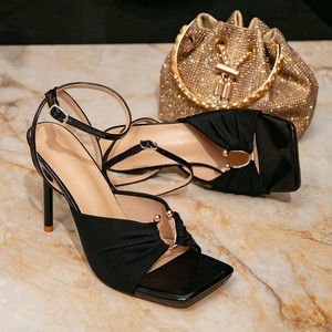 QLFashion Women Summer Button Thick <b>Heel</b> Fabric Upper High Heeled Sandals Black Simple <b>Toe</b> Fashion Party Shoes - Product Image 5
