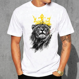 T-shirt en jean King of the Jungle, col rond blanc pour homme, imprimé sérigraphié motif léopard, style streetwear hip-hop audacieux - Product Image 3