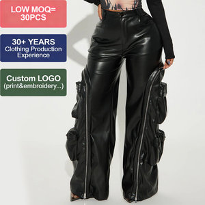 <span class=keywords><strong>Pantaloni</strong></span> in Pelle PU Stile Europeo Hip Hop Sexy da <span class=keywords><strong>Donna</strong></span> Larghi <span class=keywords><strong>con</strong></span> Cerniera Laterale e Tasche Cargo a Vita Media Streetwear - Product Image 1