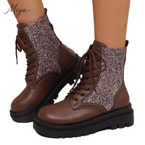 Bottines à lacets en cuir PU à paillettes dorées, tendance automne-hiver 2026, pour femmes, plateforme, semelle épaisse, bottines courtes - Product Image 5