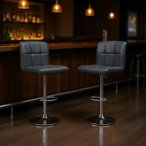 Taburetes de bar hidráulicos de piel sintética gris, base giratoria ajustable de cromo, diseño moderno y contemporáneo, juego de muebles de bar de 2 piezas - Product Image 2