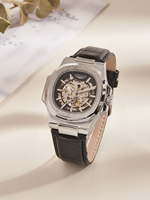 Montre mécanique automatique LONGLUX, montre de luxe simple pour l'extérieur, étanche, pas chère, vente en gros, squelette, cuir, montre homme, cadeau