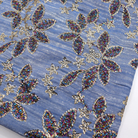 Tissu en jean brodé de perles au crochet écologiques, avec sequins scintillants et motif feuille pour robe femme
