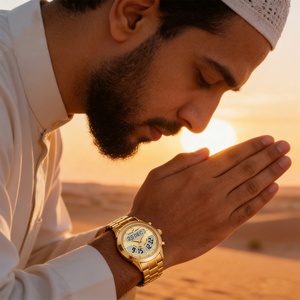 Nouvelle montre électronique à quartz Azan, classique, en alliage d'acier inoxydable, montre de prière islamique, double heure, double langue, étanche - Product Image 2