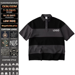 เสื้อโปโลผ้าฝ้ายแท้ 100% ลายทางติดกระดุม แบบสั่งทำจากโรงงาน เสื้อยืดทรงครอปทรงบ็อกซี่ใหม่ เสื้อยืดโอเวอร์ไซส์สำหรับทุกเพศ TKAN619D - Product Image 1