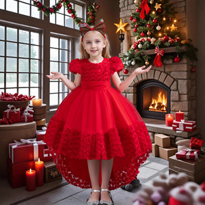 Girls Red Christmas Dress Tulle Ball Gown Sweetheart Neckline Holiday Princess Outfit Fall 2025 - Product Image 3